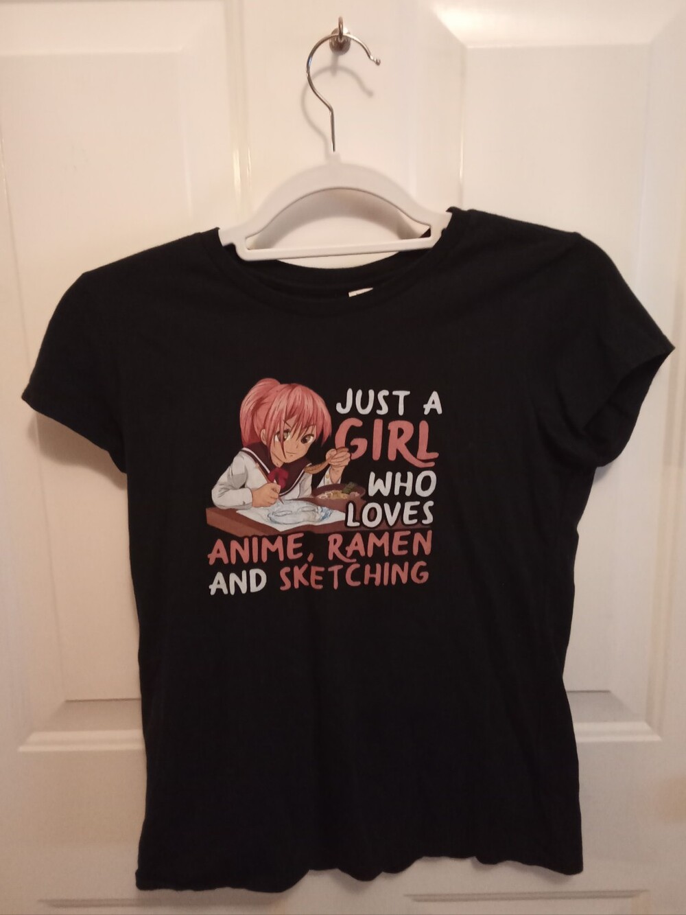 Girl Loves Anime, Ramen & Sketching Graphic Tee - Black